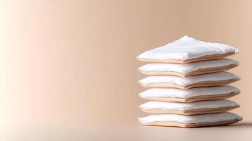 Stacked white pillows on a soft beige background, creating a serene and minimalist ambiance photo