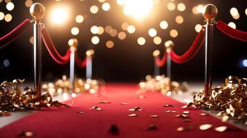 Red carpet event with golden confetti and bright lights, creating a festive atmosphere for guests photo