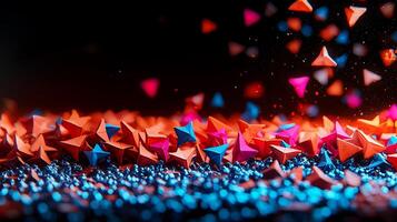 Vibrant geometric shapes in red and blue scattered on a shimmering surface with dynamic lighting photo