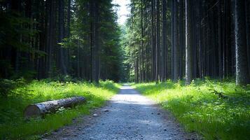 Serene forest pathway lined with tall trees, sunlight filtering through, inviting nature walk photo