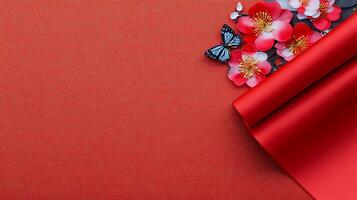 Vibrant red background with blooming flowers and a butterfly, creating a festive atmosphere photo