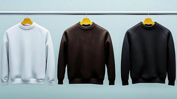 Three stylish sweatshirts hanging on a rack, showcasing color variety in a minimalist setting photo