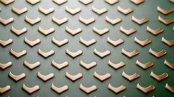 Close-up of a textured metallic surface featuring repeated golden patterns on a green background photo