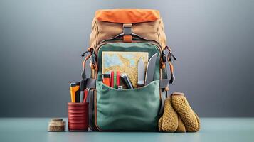 A colorful outdoor backpack filled with tools, a map, and accessories on a minimalist backdrop photo