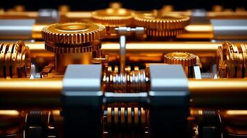 Close-up of intricate golden gears and mechanisms showcasing engineering precision and design photo