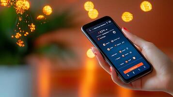 A person holding a smartphone displaying an app interface with vibrant background lights photo