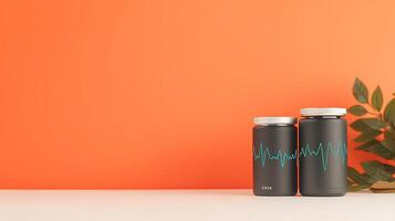 Two sleek black containers with a heartbeat design on an orange background, evoking health photo