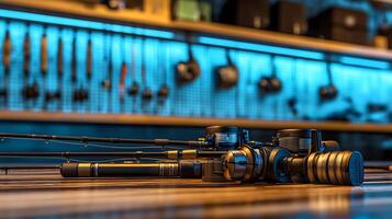 Close-up of fishing rods and reels on a wooden table in a well-lit workshop with tools photo