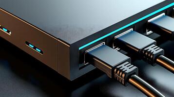 Close-up view of a modern device with multiple connection ports and illuminated edges on a dark surface photo