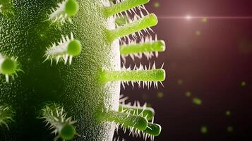Close-up of a vibrant green virus structure with spiky protrusions against a blurred background photo