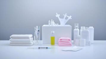 Medical supplies arranged on a table with syringes, bottles, and towels in a clean setting photo