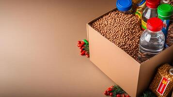 A festive box filled with various food items and beverages, set against a neutral background photo