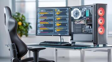 Modern workspace featuring a gaming computer setup with vibrant lighting and a sleek chair photo
