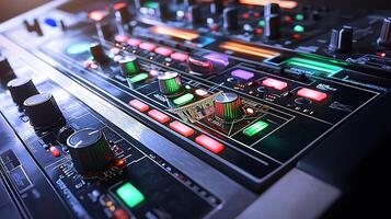 Close-up view of a vibrant audio mixing console with colorful buttons and knobs, showcasing sound design photo