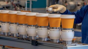 Worker assembling reusable coffee cups in a modern production line with machinery in the background photo