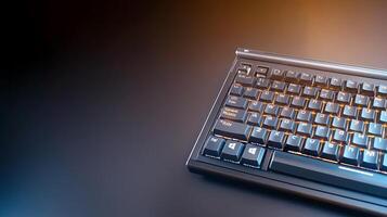Close-up view of a sleek keyboard on a dark surface with soft lighting, ideal for tech-related content photo