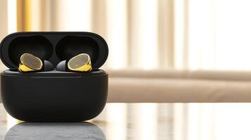 Elegant wireless earbuds resting in a sleek charging case on a marble table with soft lighting photo