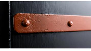 Close-up view of a metallic strap with rivets on a textured black surface, showcasing craftsmanship photo