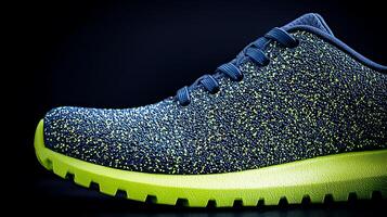 Close-up of a vibrant athletic shoe showcasing unique texture and color against a dark background photo