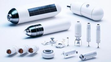 Various futuristic spacecraft models displayed on a clean surface with a minimalistic background photo