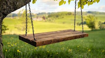A rustic wooden swing hanging from a tree in a lush green field under a bright sky photo