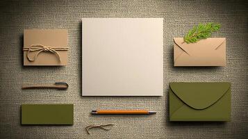 A minimalist workspace featuring various envelopes, a blank canvas, and a green plant accent photo