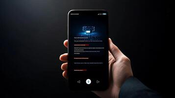 A person holding a smartphone displaying digital security information in a dark environment photo