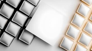 A minimalist keyboard layout featuring silver and gold keys with a blank central key for customization photo