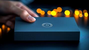 A person gently placing a sleek black box on a dark surface with glowing lights in the background photo