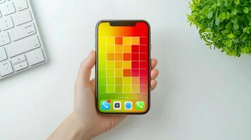 A person holding a smartphone displaying a colorful grid pattern on a clean desk with greenery photo