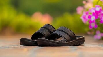 A pair of black slide sandals resting on a stone pathway with colorful flowers in the background photo