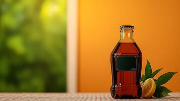 A refreshing bottle of iced tea with a lemon slice and mint leaves on a vibrant orange background photo