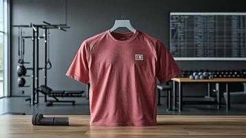 A red athletic t-shirt displayed on a hanger in a modern gym setting with weights photo