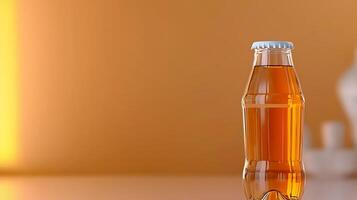 A refreshing beverage bottle stands prominently against a warm, blurred background, evoking relaxation photo