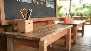 A rustic wooden table with colorful pencils in a classroom setting surrounded by nature photo