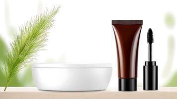A serene display of cosmetic products on a wooden surface with green foliage in the background photo