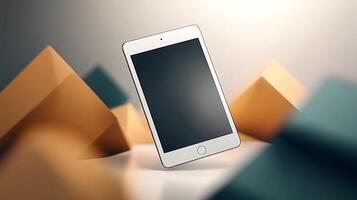 A sleek tablet device levitating amidst colorful geometric shapes in a minimalist setting photo