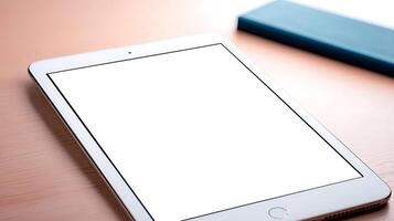 A sleek tablet rests on a wooden desk, showcasing a blank screen with a book in the background photo