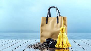 A stylish beige tote bag with yellow tassels and accessories on a wooden deck by the serene water photo