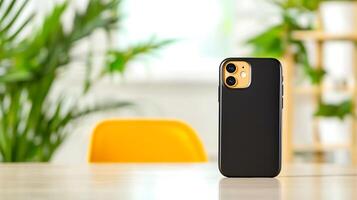 A sleek smartphone stands on a wooden table in a bright room filled with greenery photo