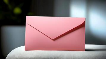 A soft pink envelope rests on a table, with blurred greenery in the background, suggesting a warm setting photo