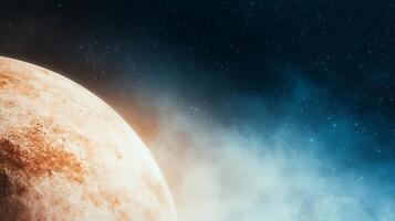 A stunning view of a distant planet in space, surrounded by colorful nebulae and stars photo