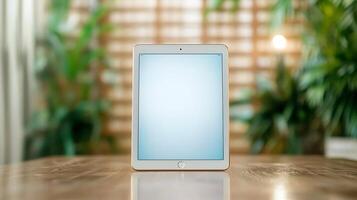A sleek tablet device stands on a wooden table, surrounded by lush green plants indoors photo