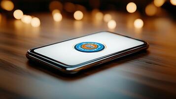 A smartphone displaying a circular emblem on a wooden surface with soft glowing lights in the background photo