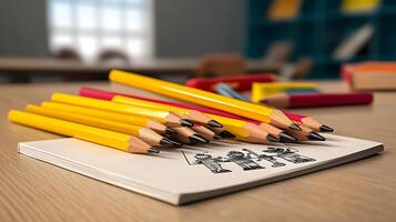 A vibrant collection of yellow and colored pencils arranged artistically on a sketchbook photo