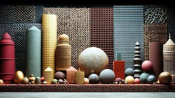A vibrant display of textured geometric shapes and patterns in a modern artistic setting photo