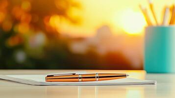 A sleek pen resting on a notepad during a vibrant sunset, with blurred background elements photo