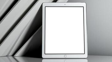 A sleek tablet displayed on a minimalist surface with books in the background, emphasizing technology photo