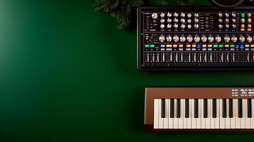 A top-down view of a synthesizer and keyboard on a green background with foliage nearby photo