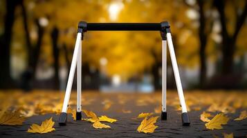 A sturdy walker positioned on a leaf-covered path in a serene autumn park setting photo
